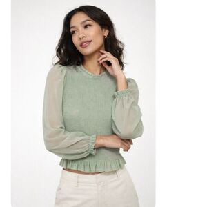 Wilfred Aritzia Tempest Blouse 1X Sage Green Smocked Chiffon Long Sleeve Top